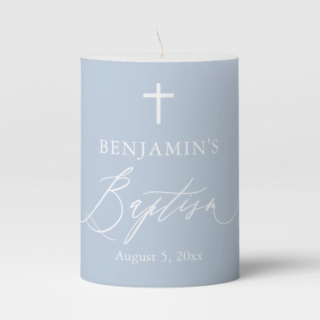 Dusty Blue White Cross Boy Baptism Pillar Candle (Front)
