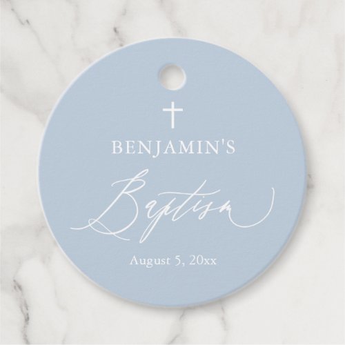 Dusty Blue White Cross Boy Baptism Round Favor Tag