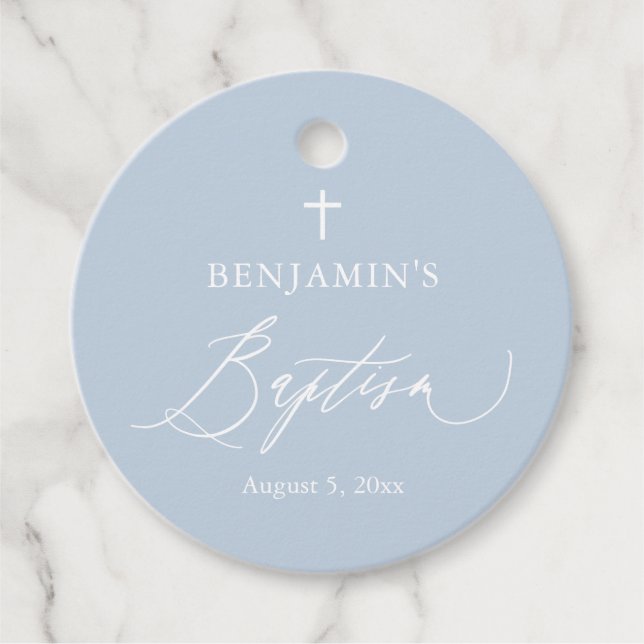 Dusty Blue White Cross Boy Baptism Round Favor Tag (Front)