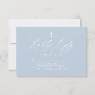 Dusty Blue White Cross Boy Baptism RSVP Card