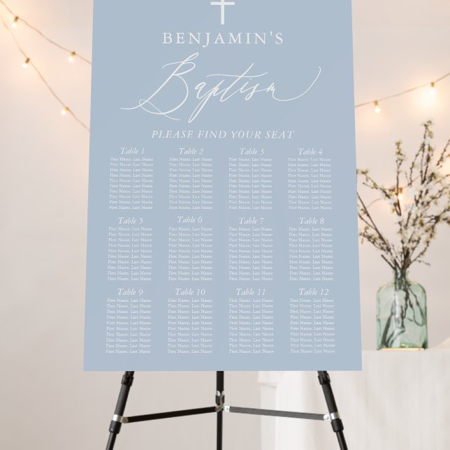 Dusty Blue White Cross Boy Baptism Seating Chart  Foam Board (In Situ (Stand))