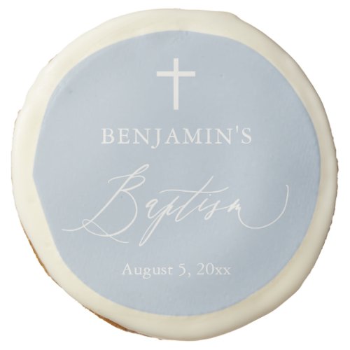 Dusty Blue White Cross Boy Baptism Sugar Cookie