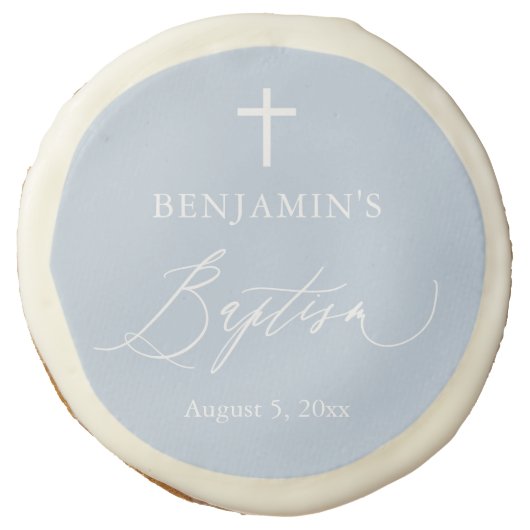 Dusty Blue White Cross Boy Baptism Sugar Cookie (Front)