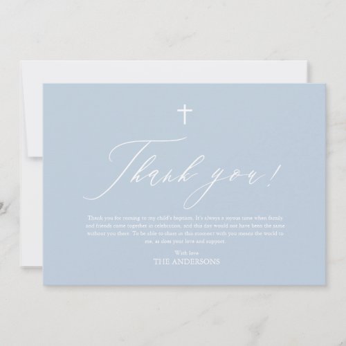 Dusty Blue White Cross Boy Baptism Thank You Card