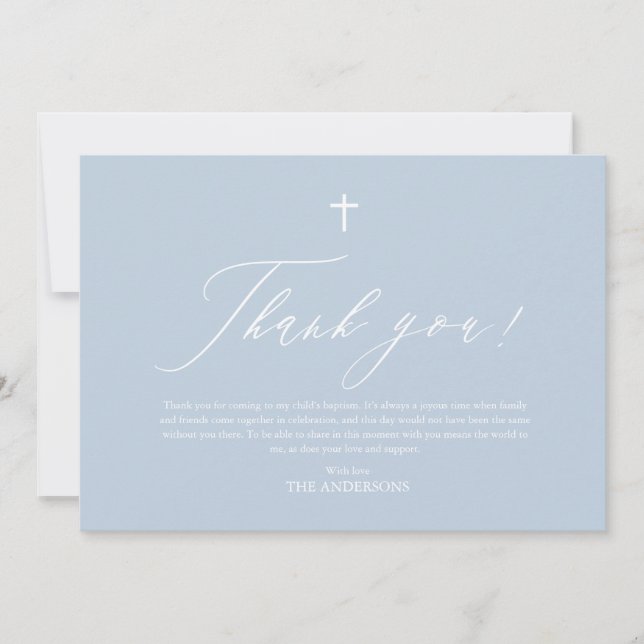 Dusty Blue White Cross Boy Baptism Thank You Card (Front)