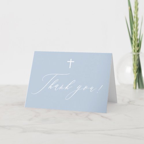 Dusty Blue White Cross Boy Baptism Thank You Card