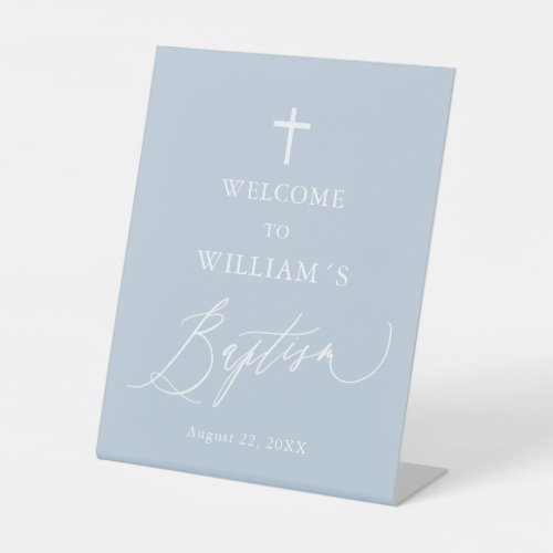 Dusty Blue White Cross Boy Baptism Welcome Sign