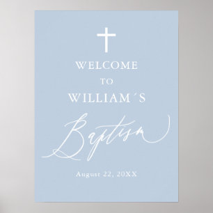 Dusty Blue White Cross Boy Baptism Welcome Sign