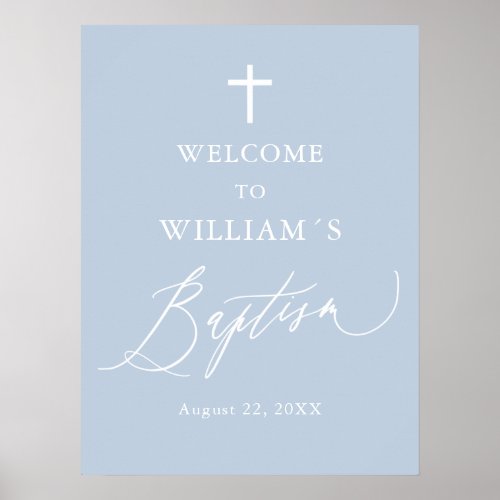 Dusty Blue White Cross Boy Baptism Welcome Sign
