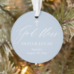 Dusty Blue White Cross Boy Photo Baptism Ornament