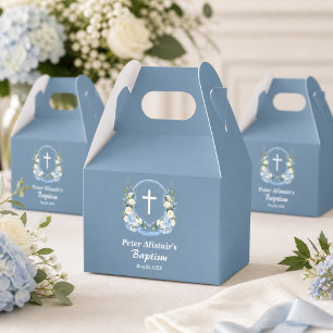 Dusty Blue White Cross Floral Crest Baptism Favor Boxes