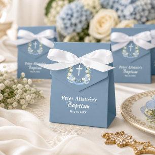 Dusty Blue White Cross Floral Crest Baptism Favor Boxes