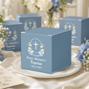 Dusty Blue White Cross Floral Crest Baptism Favor Boxes