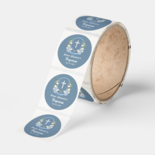 Dusty Blue White Cross Floral Crest Baptism Favor Classic Round Sticker