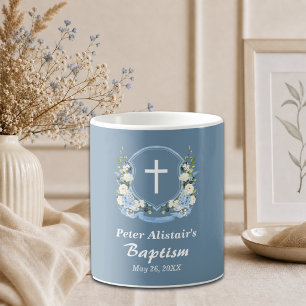 Dusty Blue White Cross Floral Crest Baptism Favor Coffee Mug
