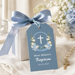 Dusty Blue White Cross Floral Crest Baptism Favor Gift Tags