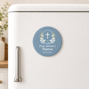 Dusty Blue White Cross Floral Crest Baptism Favor Magnet