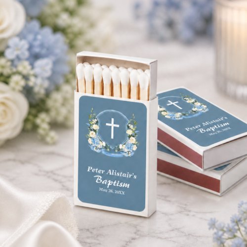 Dusty Blue White Cross Floral Crest Baptism Favor Matchboxes