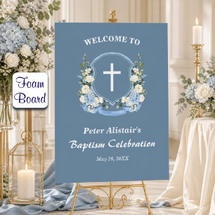 Dusty Blue White Cross Floral Crest Baptism Foam Board