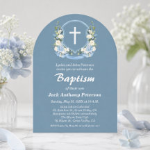 Dusty Blue White Cross Floral Crest Baptism 