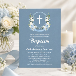Dusty Blue White Cross Floral Crest Baptism Invitation