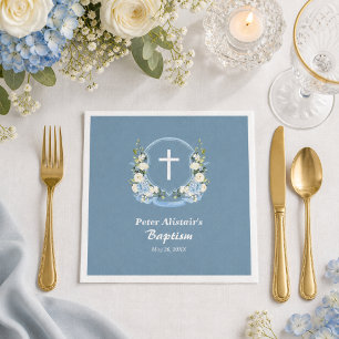 Dusty Blue White Cross Floral Crest Baptism Napkins