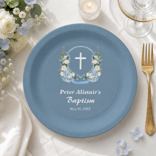 Dusty Blue White Cross Floral Crest Baptism  Paper Plates
