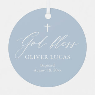 Dusty Blue White Cross Photo Boy Baptism Ornament