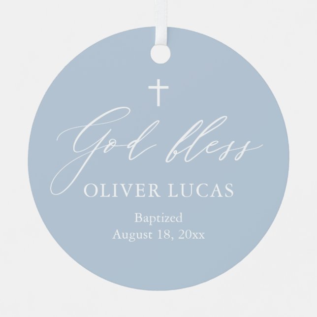 Dusty Blue White Cross Photo Boy Baptism Ornament (Front)
