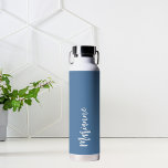 Dusty blue white custom name script water bottle<br><div class="desc">Dusty blue background.  Personalize and add your name.   White colored handwritten style script.</div>