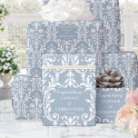 Dusty Blue White Damask Add Name & Congratulations Wrapping Paper<br><div class="desc">A dusty blue and white damask wedding wrapping paper with the bride and groom's name and numeric wedding date with Congratulations on the wrapping paper.</div>