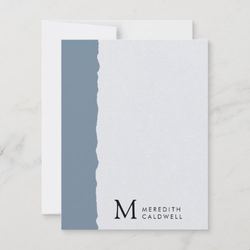 Dusty Blue White Deckled Edge Color Block Monogram Note Card