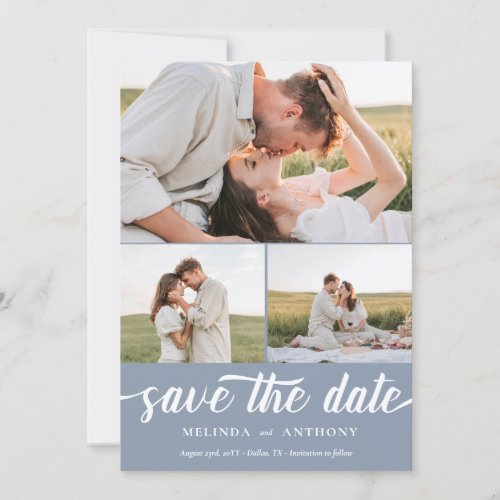 Dusty Blue White Elegant Bold Script Photo Collage Save The Date