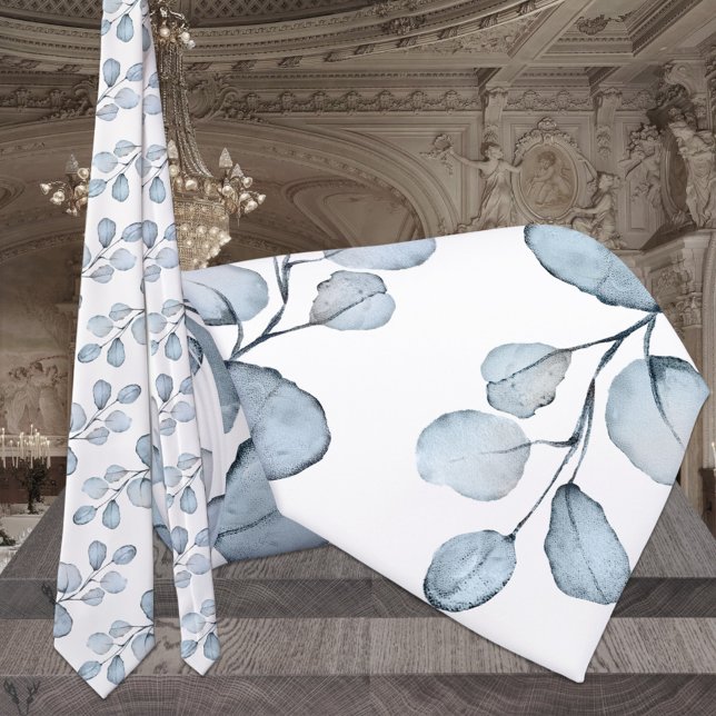 Dusty Blue & White Elegant Eucalyptus Wedding Neck Tie (Creator Uploaded)
