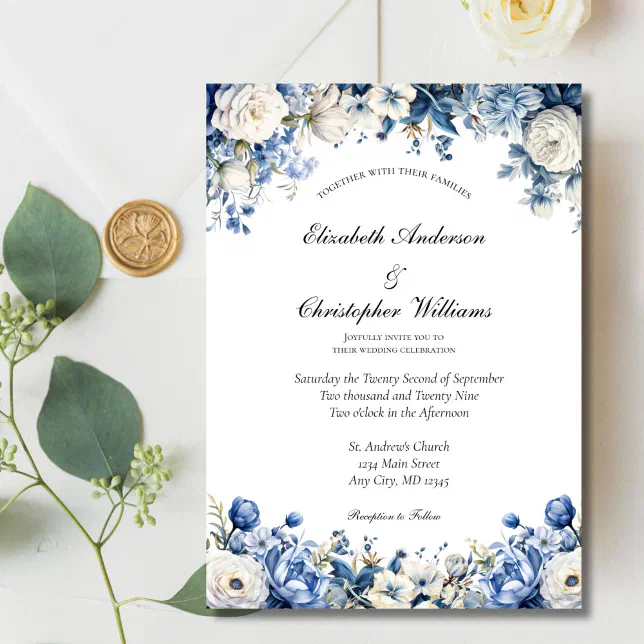 Dusty Blue White Elegant Floral Watercolor Wedding Invitation | Zazzle