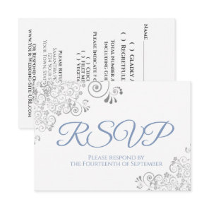 Dusty Blue & White Elegant Silver Lace Wedding RSVP Card