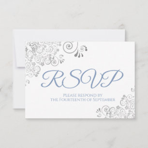 Dusty Blue & White Elegant Silver Lace Wedding RSVP Card