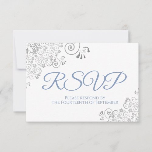 Dusty Blue  White Elegant Silver Lace Wedding RSVP Card