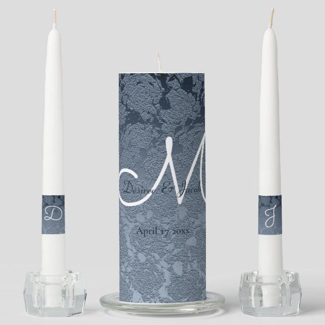 Dusty Blue White Elegant Wedding Ceremony Monogram Unity Candle Set (Front)