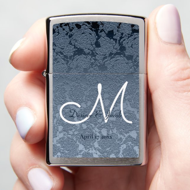 Dusty Blue White Elegant Wedding Monogram Zippo Lighter (In Hand)