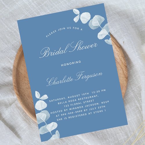 Dusty blue white eucalyptus bridal shower invitation