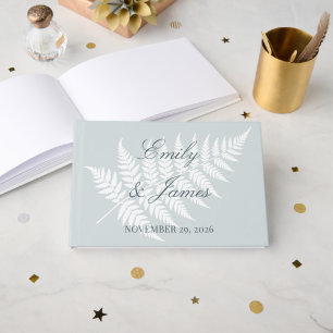 Dusty Blue White Fern Couple Names Wedding Guest Book