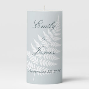 Dusty Blue White Fern Elegant Pastel Medium Pillar Candle