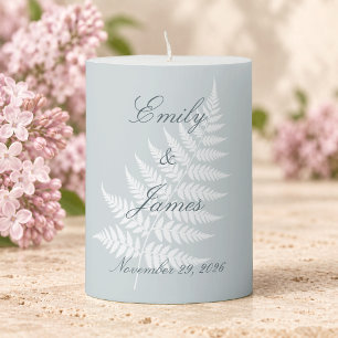 Dusty Blue White Fern Romantic Pastel Small Pillar Candle