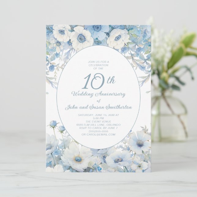 Dusty Blue White Floral 10th Anniversary Invitation (Standing Front)