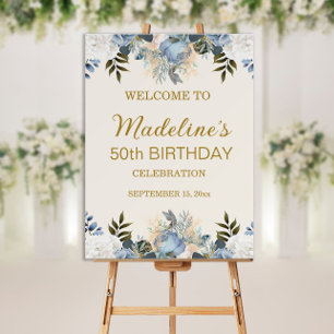 Dusty Blue White Floral 50th Birthday Foam Board