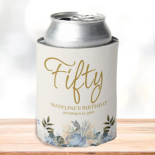 Dusty Blue White Floral 50th Birthday Name Can Cooler