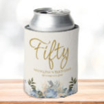 Dusty Blue White Floral 50th Birthday Name Can Cooler at Zazzle