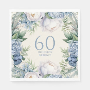 Dusty Blue White Floral 60th Birthday Napkins