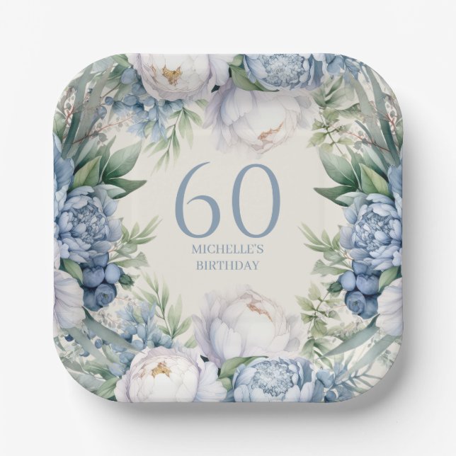 Dusty Blue White Floral 60th Birthday Paper Plates (Front)